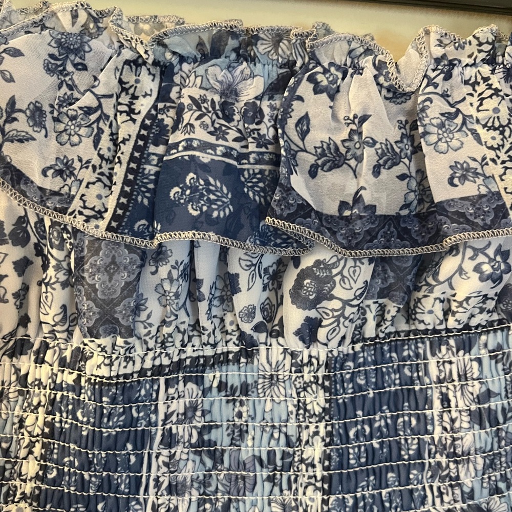 Blue Floral Smocked Ruffle Tube Top - Picture 7 of 8